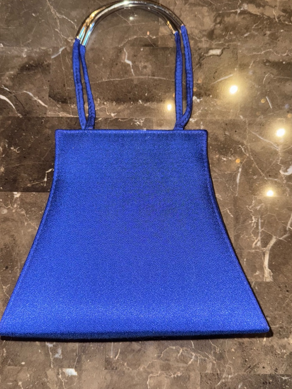 Blue Satin Evening Tote Bag with Silver Handles